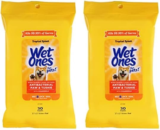 Wet Ones for Pets Paw & Tushie Dog Wipes with Chamomile Dog Wipes for All Dogs in Tropical Splash Scent, Wipes with Wet Lock Seal Pouch Dog Paw Wipes (Pack of 2, 30 Count Total)