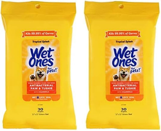 Wet Ones for Pets Paw & Tushie Dog Wipes with Chamomile Dog Wipes for All Dogs in Tropical Splash Scent, Wipes with Wet Lock Seal Pouch Dog Paw Wipes (Pack of 2, 30 Count Total)