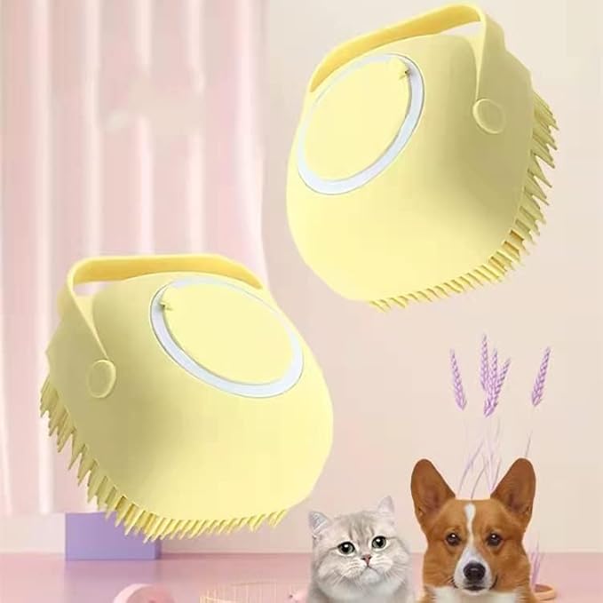 Pet Dog Bath Brush Soft Silicone Dog Shampoo Brush, Fur Grooming Cleaning Brush Shampoo Dispenser (Yellow)