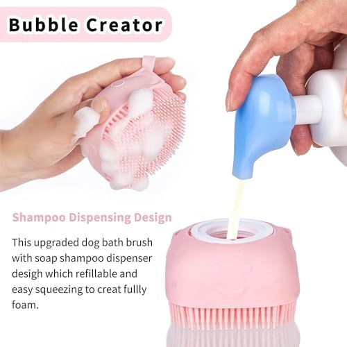 Pet Bath Brush Pet Scrubber for Bath Dog Shampoo Brush Dog Bathing Brush Pet Bubble Brush with Silicone Handle for Short Long Haired Dogs and Cats Cepillo de baño para perros (Pink)
