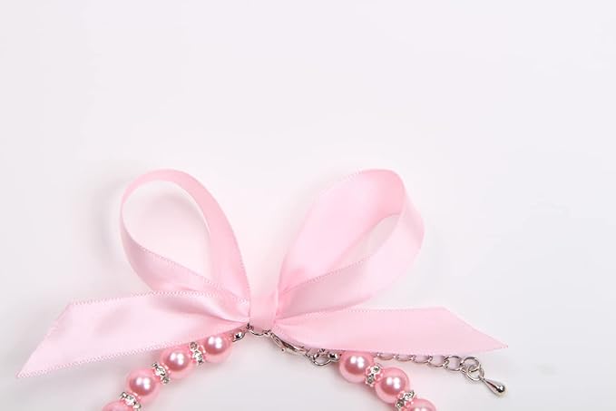 Dog Cat Pearls Necklace Collar with Bling Accessories and Ribbon Bow Pet Puppy Jewelry for Female Dogs Cats Small Medium (M, Pink)