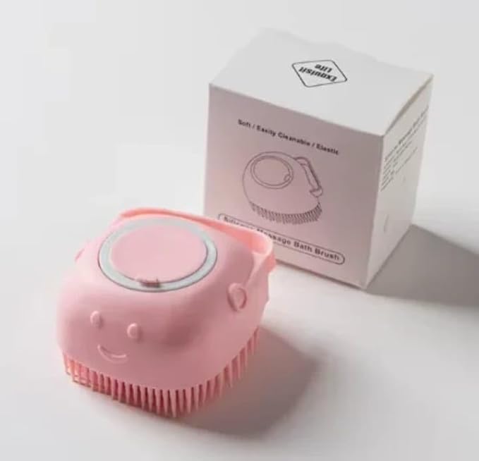 Pet Grooming Bath Massage Brush with Soap and Shampoo Dispenser, Soft Silicone Bristles for Long/Short Hair Dogs & Cats, Shower, Yellow