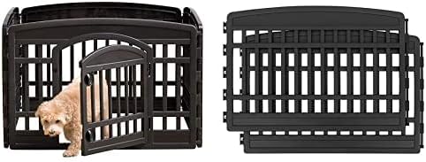 IRIS 24'' 4 Panel Pet Playpen with Door, Black with IRIS 24'' 2 Panel Pet Playpen Add-On, Black