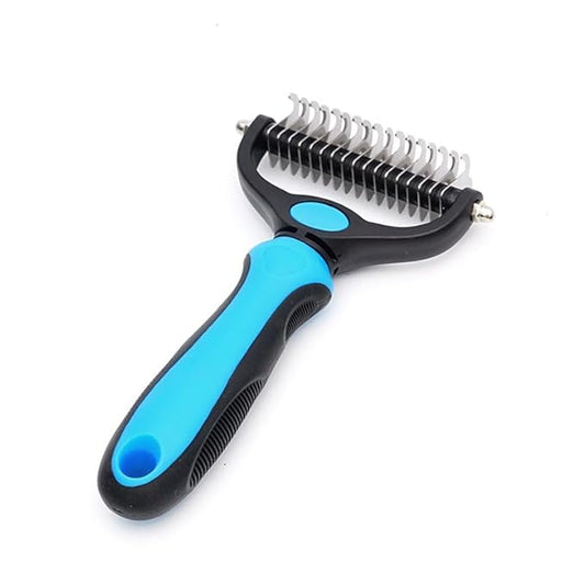 Pet Comb Stainless Steel Double-Sided Shedding Dematting Cat Dog Rake Pet Brush With Stainless Steel Dog Tag,Paw Pet Stainless (BLUE)