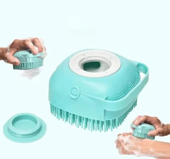 Pet Grooming Bath Massage Brush with Soap and Shampoo Dispenser, Soft Silicone Bristles for Long/Short Hair Dogs & Cats, Shower, Yellow