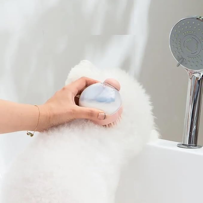 Dog Bath Brush Pet Shampoo Brush Silicone Puppy Brush Dog Shower Brush with Soap Dispenser Grooming Shower Brush (Grey)