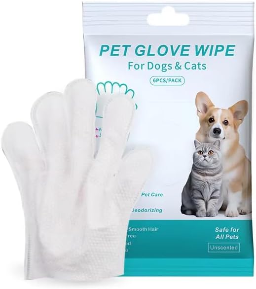 Pet Glove Wipes for Dogs & Cats, Pack of 6, Aloe Extract, Jojoba Oil, Rinse Free, Cleansing and Deodorizing