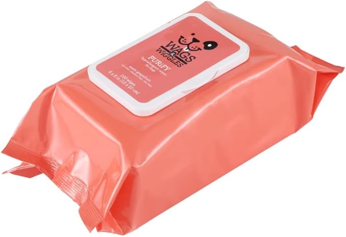 Wags & Wiggles Purify Hypoallergenic Wipes for Dogs | Gently Clean & Condition Your Dog's Coat Without A Bath | Zesty Grapefruit Scent Your Dog Will Love, 100 Count (Pack of 2)