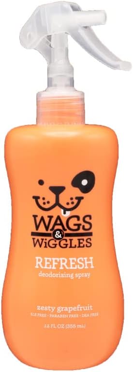 Wags & Wiggles Refresh Dog Deodorizing Spray in Zesty Grapefruit | Long Lasting Dog Grooming Deodorizer Spray | Easy to Use Deodorizing Spray for Dogs to Combat Smelly Dog Odors, 12 Ounces