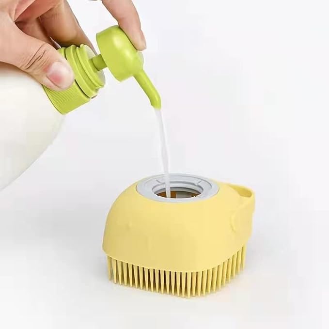 Pet Dog Bath Brush Soft Silicone Dog Shampoo Brush, Fur Grooming Cleaning Brush Shampoo Dispenser (Yellow)