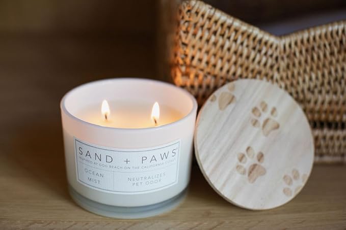 Sand + Paws Scented Candle - Ocean Mist - Additional Scents and Sizes – Luxurious Air Freshening Jar Candles Neutralize pet Odors and Enhance Home décor – 100% Cotton Lead-Free Wicks - 12 oz