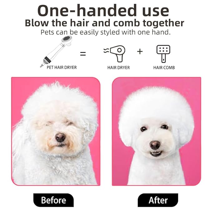 Portable 2-in-1 Gentle Grooming Blower Dryer with Slicker Brush for Dogs and Cats (Sakura Pink)