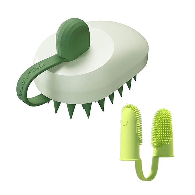 PPBond Mouse-Design Dog Bathing Brush & Double-Finger Toothbrush | Soft TPR+ABS | Soft & Flexible | Cleans, Massages & Removes Hair | Ideal for Dogs and Cats (green)