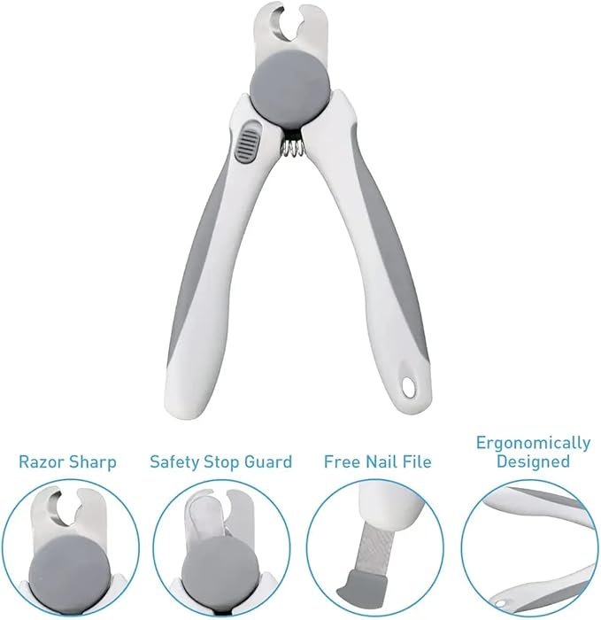 Pet Nail Clipper - Pet Grooming Tool for Nail Clipping and Trimming - Suitable for Dogs and Cats, Equipped with a Safety Guard and Razor Sharp Blade for Precision - plus a Bonus Free Nail File (Gray)