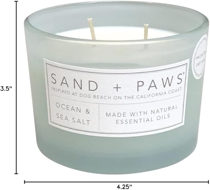 Sand + Paws Scented Candle - Ocean & Sea Salt –Luxurious Air Freshening Jar Candles Neutralize pet Odors and Enhance Home décor – 100% Cotton Lead-Free Wicks - 12 oz