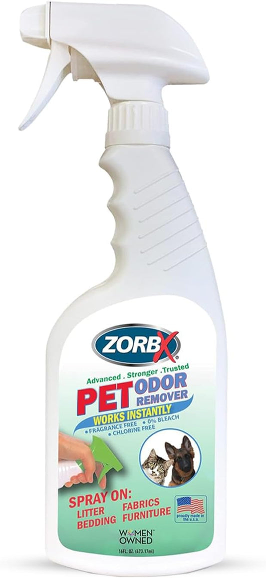 ZORBX Unscented Pet Odor Remover Spray 16 FL Oz - Perfume Free Strong Litter Odor Remover - Advanced Odor Control for Carpet, Bathroom & Urine Odors - Fast Acting Odor Remover Spray for Dogs & Cats