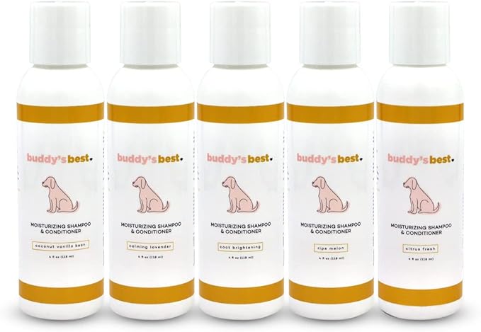 Buddy’s Best 4oz Travel-Size Dog Shampoo and Conditioner with Shea Butter, Oatmeal, Biotin, and Aloe Vera, Alcohol-Free Deep Moisturizer for Dry, Itchy Skin and Coats (Coat Brightening)