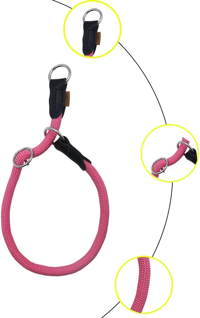 Braided Rope Collar, Pro Training Dog Collar, No Pull Round Martingale Collar, Slip Collar with Slidable Stop Ring - Ideal for Small Dogs (S(1/3") - 16" Long, Pink)