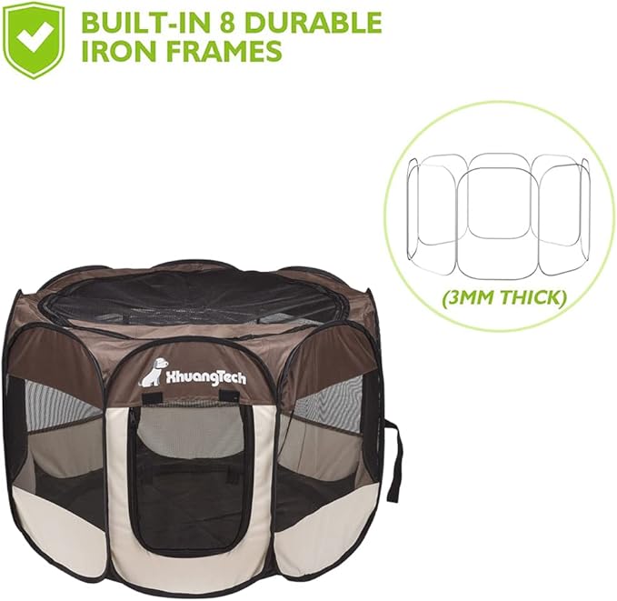 Foldable Pet Dog Playpen, Pop Up Portable Cat Playpen, Indoor/Outdoor for Kitten Puppy Play Pen, Cats Crate Cage Tent with Carrying Bag, 600D Oxford (Coffee + Beige, Small (26"x26"x18"), 8)