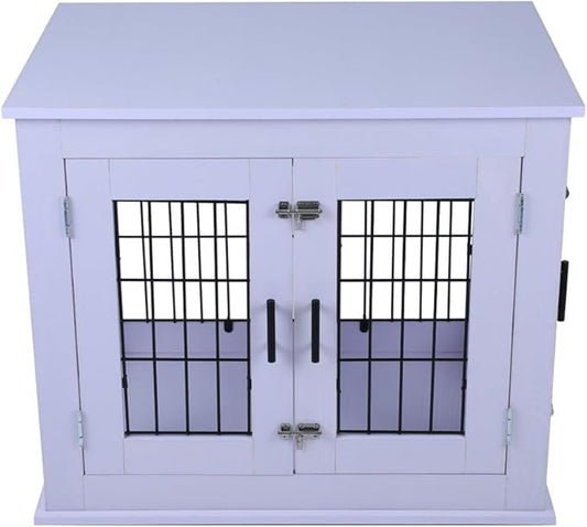 31.5" Heavy Duty Dog Crate for Medium Small Dogs, Furniture Style cage with Double Doors Pet House Wooden Cage Modern Kennel FurnitureIndoor for Dogs up to 85 lb (White)