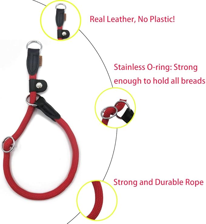 Braided Rope Collar, Training Dog Collar, Round Martingale Collar, Slip Collar with Adjustable Stopper and Slidable Stop Ring - Ideal for Small Dogs (S(1/4") - 14" Long, Red)