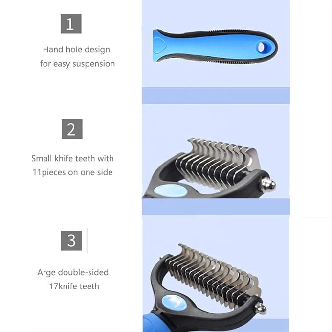 Pet Grooming Brush and Dematting Tool for Detangling Loose Haired and Undercoat, Helps Reduce Tangles and Mats in Long Fur, Gentle and Stress Free (Blue)