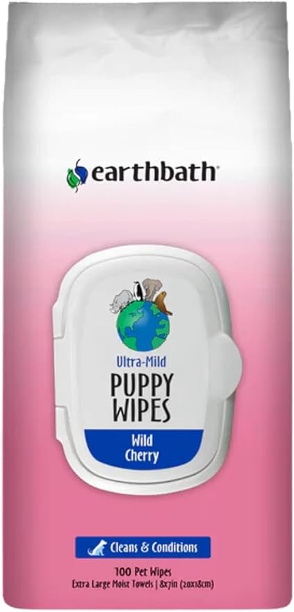 earthbath, Ultra-Mild Wild Cherry Puppy Wipes - Dog Wipes for Paws and Butt, Best Pet Wipes for Dogs & Puppies, Made in USA, Cruelty-Free Dog Cleaning Wipes - 100 Count (1 Pack)