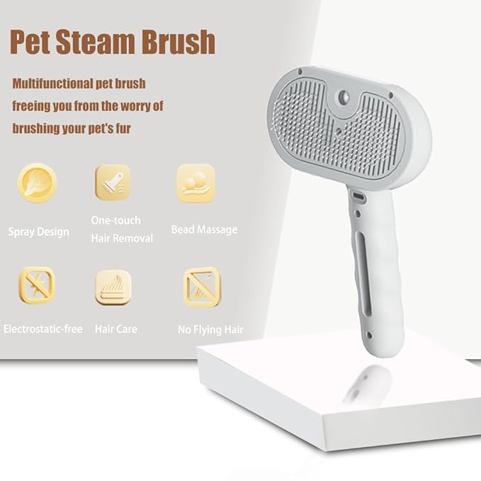 3 - in - 1 Pet Steam Brush for Cats & Dogs - Suitable for All Hair Types! One - Click Spray; Comfortable Massage; Superior Deshedding & Skin Care; Quiet Operation at ≤36dB (White)
