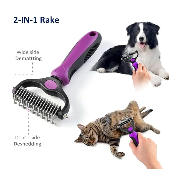 WePet Grooming Rake for Dogs & Cats, Double-Sided Deshedding Brush, Extra-Wide Dematting Tool, Slicker Comb for Undercoat & Loose Hair Removal, Reduces Shedding by 95%, Purple, Large