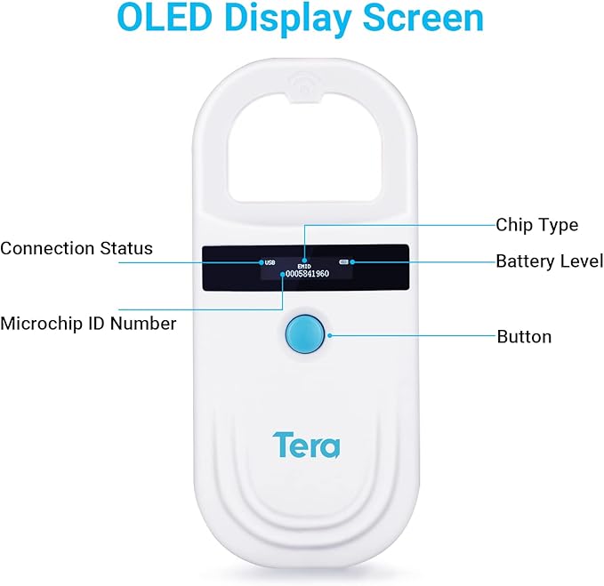 Tera Pet Microchip Reader Scanner with D-Ring RFID Portable Animal Chip ID Scanner with OLED Display Screen Rechargeable Data Storage Tag Scanner EMID FDX-B(ISO11784/85) for Dog Cat Animal Management