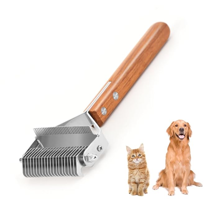 WePet 2-in-1 Dematting Comb & Shedding Brush, Undercoat Rake Grooming Tool with Wooden Handle for Dogs & Cats - Easily Removes Mats, Tangles, and Loose Hair