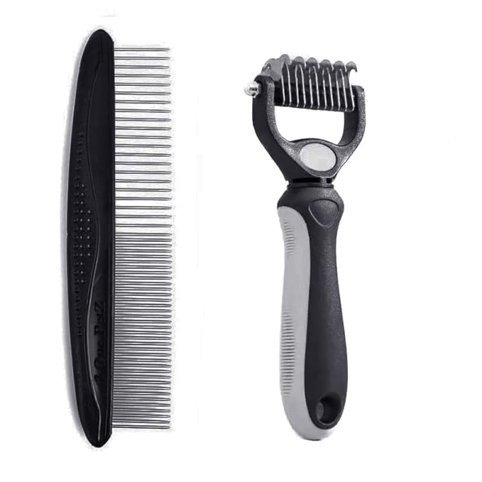 Pet Dematting Tool 2 Pack Double Sided Undercoat Rake & Dematting Comb for Cats and Dogs for Detangling Matted or Knotted Undercoat Hair (Gray & Black, Small)