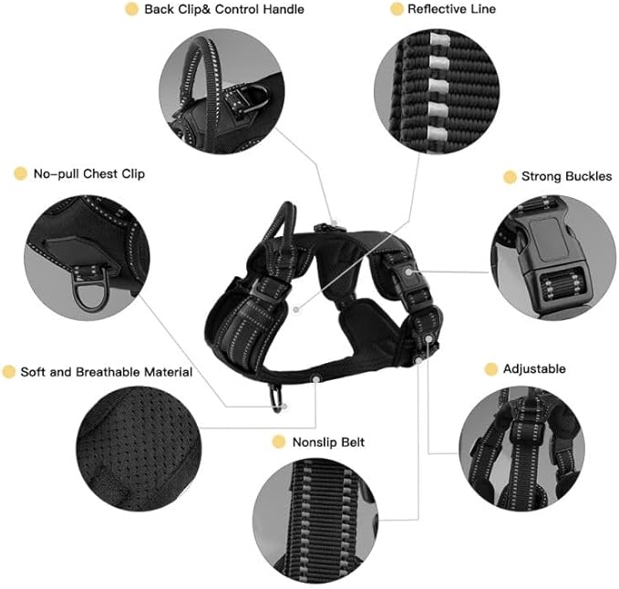 No Pull Dog Harness, Pet Walking Harness with 2 Metal Rings and Adjustable Handle, Reflective, Breathable; Soft Oxford Easy Control Dog Vest with Front Clip for Medium Dogs, Black