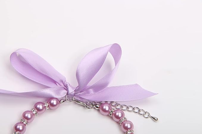 Dog Cat Pearls Necklace Collar with Bling Accessories and Ribbon Bow Pet Puppy Jewelry for Female Dogs Cats Small Medium (S, Purple)