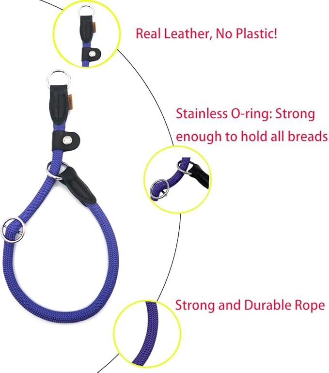Braided Rope Collar, Training Dog Collar, Round Martingale Collar, Slip Collar with Adjustable Stopper and Slidable Stop Ring - Ideal for Large Dogs (L(1/2") - 20" Long, Purple)