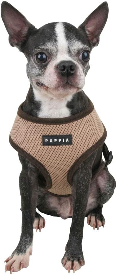 Puppia Soft Dog Harness No Choke Over-The-Head Triple Layered Breathable Mesh Adjustable Chest Belt and Quick-Release Buckle, Beige, Large