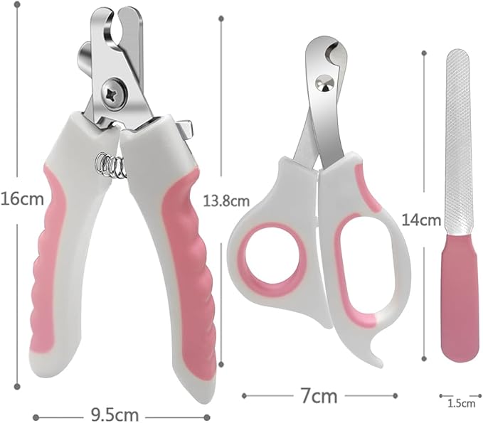 Pet Nail Clippers and Trimmers Set Safety Guard to Avoid Over Cutting Razor Sharp Blades Grooming Tool for All Small Large Dog Cat (Pink)