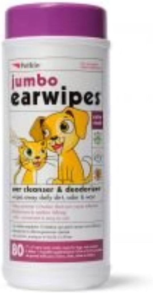Petkin Jumbo Pet Ear Wipes, 80 Extra Moist Wipes - Soothing & Deodorizing Pet Ear Cleaner to Remove Dirt, Odor, & Wax - Safe, Convenient, & Easy to Use Pet Wipes for Dogs, Cats, Puppies & Kittens