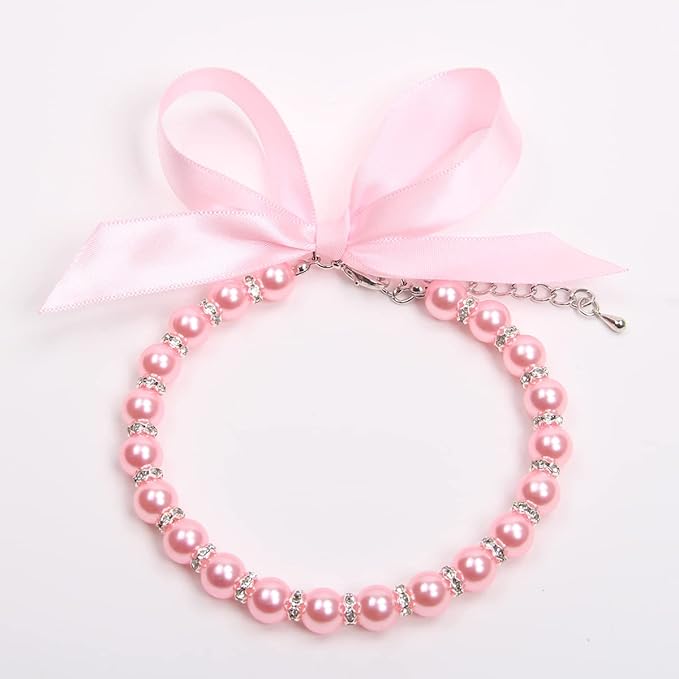Dog Cat Pearls Necklace Collar with Bling Accessories and Ribbon Bow Pet Puppy Jewelry for Female Dogs Cats Small Medium (M, Pink)