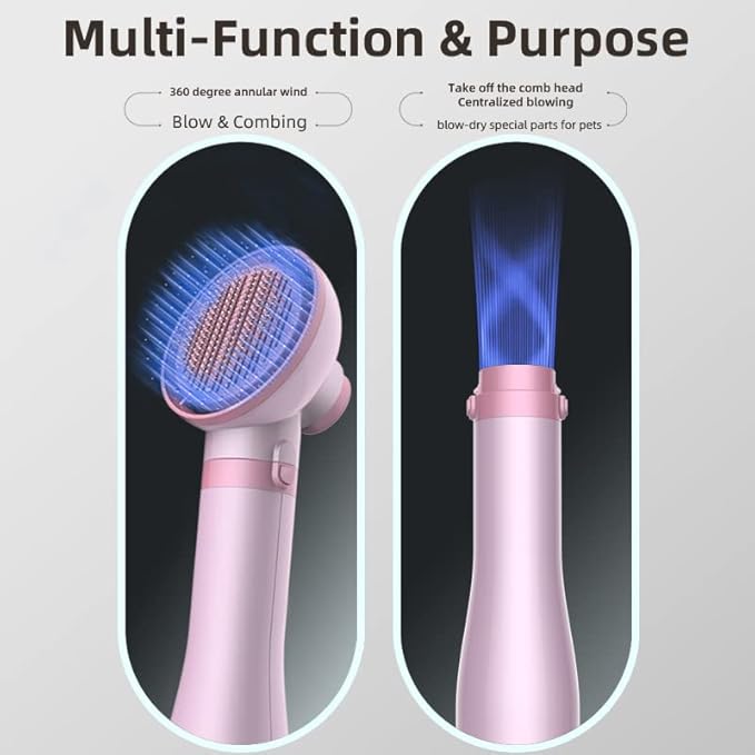 Portable 2-in-1 Gentle Grooming Blower Dryer with Slicker Brush for Dogs and Cats (Sakura Pink)