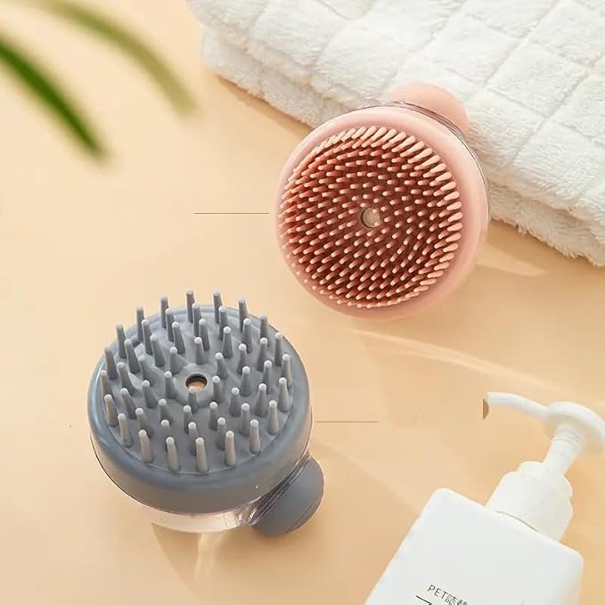 Dog Bath Brush Pet Shampoo Brush Silicone Puppy Brush Dog Shower Brush with Soap Dispenser Grooming Shower Brush (Grey)
