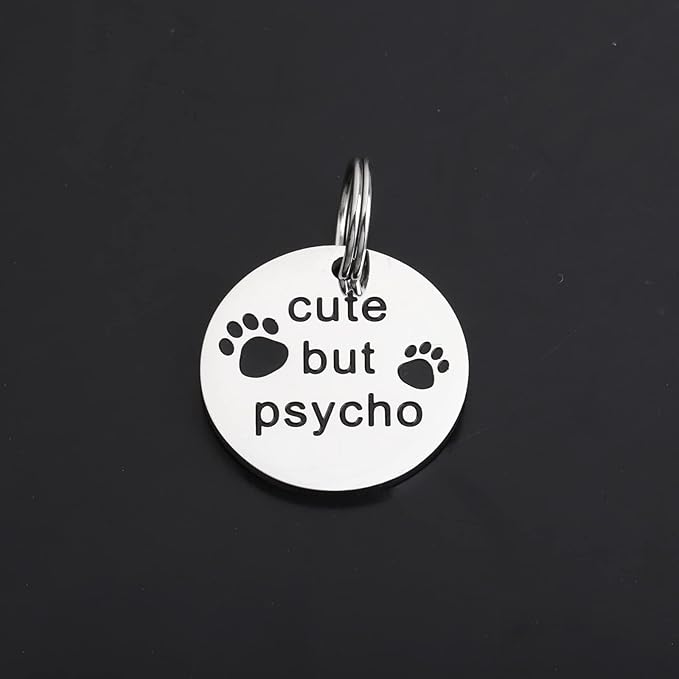 Gzrlyf Cute But Psycho Cat Tag Pet Collar Tags for Cats Funny Cat Tags for Collar Engraved Dog Tag Pet Gifts for Dogs Cats
