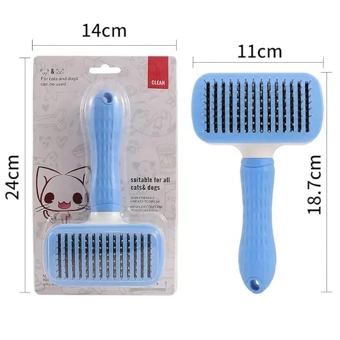 Pet Grooming Brush, Blue - Self Cleaning Hair Brush for Dogs and Cats, Removes Loose Undercoat, Bristles with Massage Particles, Ergonomic Handle, For Long or Short Hair Breeds