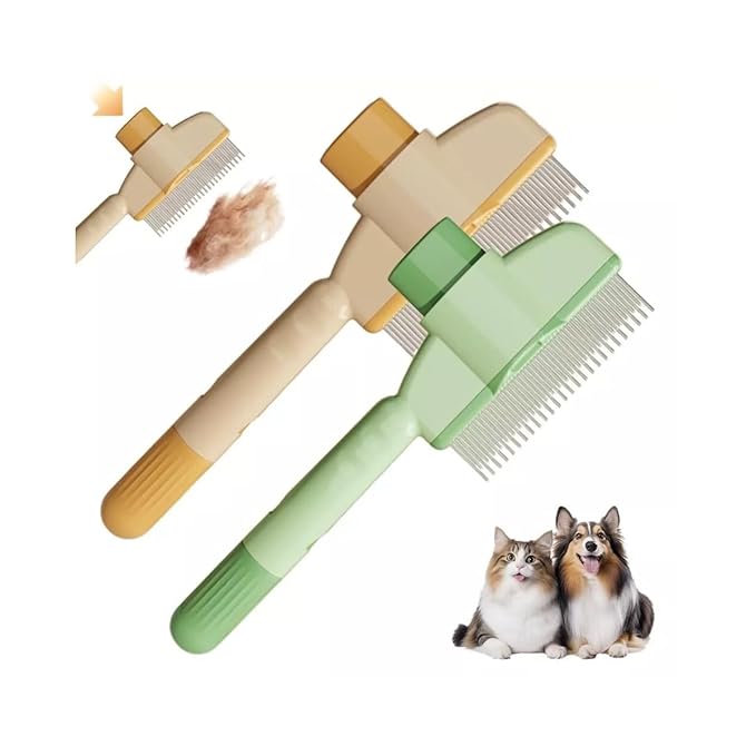 Pet Hair Removal Comb Flea Comb New with Release Button for Cat Dog, New Pet Grooming Brush, De-Shedding Dog Hair Comb, Cat Supplies, Pet Grooming Brush Supplies (Yellow+Green)