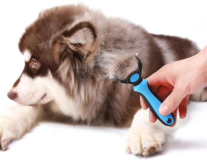 Pet Dog and Cat Deshedding Brush Grooming Tool Fur Removal - Double Sided Undercoat Rake Shedding Comb Mat Remover Deshedder Safe Detangler for Matted Hair/Fur, Blue