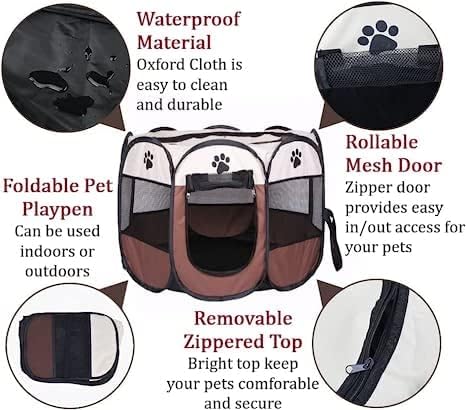 Hentay-Dog Playpen Portable Pet Play Pens for Small Dog,Cat/Rabbit/Chicks, Kitten Pen & Travel Pet Carrier + Carrying Case. (Small, Brown)