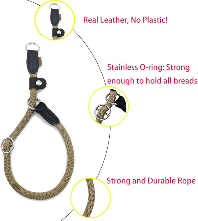 Braided Rope Collar, Training Dog Collar, Round Martingale Collar, Slip Collar with Adjustable Stopper and Slidable Stop Ring - Ideal for Medium Dogs (M(1/3") - 18" Long, Khaki)
