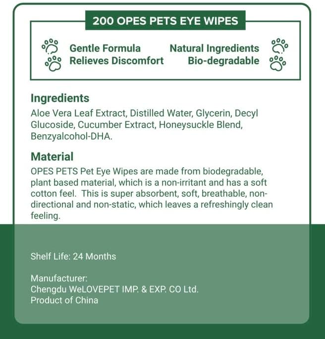 OPES Pets Cats & Dogs Eye & Face Wipes, Gently Removes Discharge, 100% Plant-Based, Biodegradable, 200 Count.