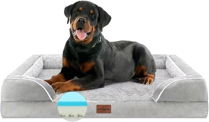 Cooling Dog Bed, Orthopedic Memory Foam Dog Bed, Jumbo Dog Bed for Extra Large Dogs, Jumbo Breed Dog Bed, Waterproof Dog Bed with Bolster & Removable Cover(Jumbo,Light Grey)