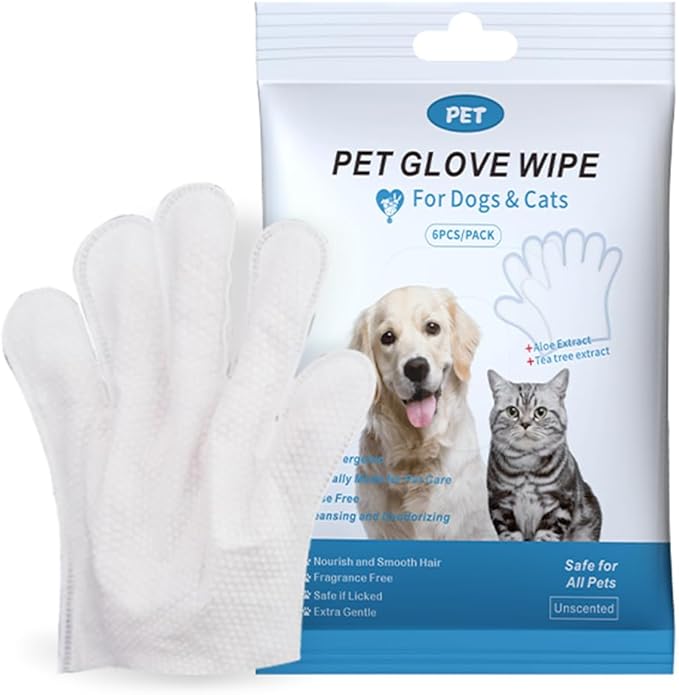 Pet Grooming Glove Wipes, Pet Bathing Wipes, PET Cleaning Deodorizing Bathing Wipes for Dogs & Cats, Cleaning Gloves for Dog and Cats, Pet Bathing Gloves Wipes for Daily Care and Traveling,6 PCS